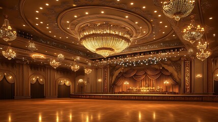 Obraz premium Well-Lit Event Hall Featuring a Stage with Ornate Ceiling and Chandeliers