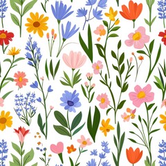 Colorful hand-drawn floral pattern with various flowers and leaves on a white background Generative AI