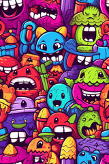 A vibrant and playful seamless pattern featuring a variety of cartoon monsters with various expressions and colors.