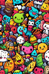 Fototapeta premium A vibrant and playful pattern of colorful doodles, including characters, objects, and abstract shapes, creating a whimsical and energetic design.