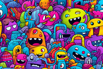 A vibrant seamless pattern with a colorful and chaotic collection of cute, cartoon monsters.