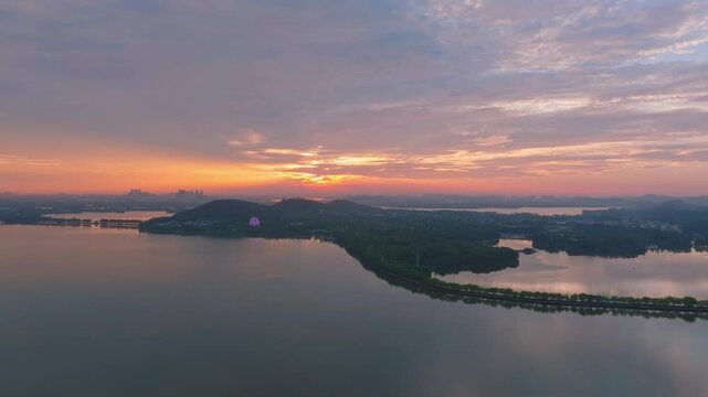 Summer sunrise scenery of Wuhan East Lake Scenic Area