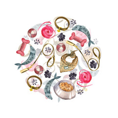 Round composition, logo. Pet accessories, leashes, collars, pet toys, food and feed. All objects are hand-drawn with watercolors. Watercolor composition. For printing on packaging, products, fabric.