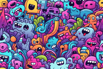 Fototapeta premium A vibrant, colorful doodle pattern with various cute, funny monsters, creatures, and abstract shapes.