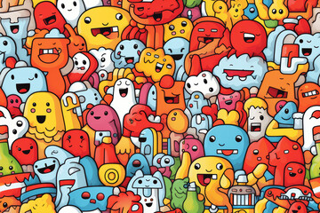 A vibrant seamless pattern of cute, cartoon-style monsters in various colors and shapes, set against a white background.