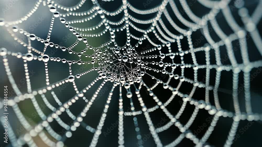 Wall mural a close-up of a web on which dew has gathered. macro photography of dew on the web.
