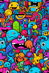 A vibrant, colorful seamless pattern with cartoon-like creatures and objects.