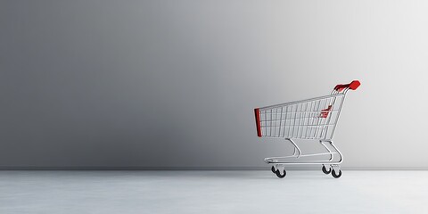 A silver shopping cart with red handles stands on a white floor against a grey wall.