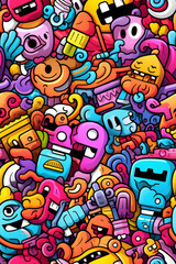A vibrant, colorful, and whimsical doodle pattern featuring various cartoon characters, shapes, and objects.