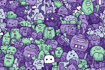 A whimsical pattern featuring a dense collection of hand-drawn purple and green creatures, shapes, and abstract forms.