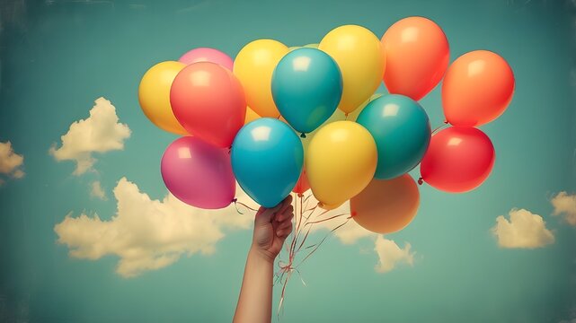 This image of a hand clutching multicolored balloons has been altered to look vintage and retro.