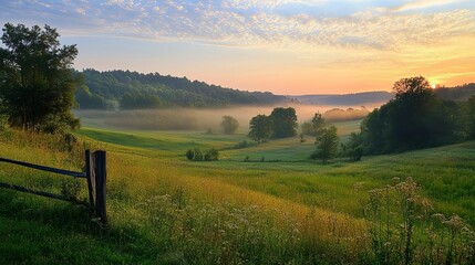 Fototapeta premium Scenic countryside with mist and sunrise, Monday morning, calm and refreshing