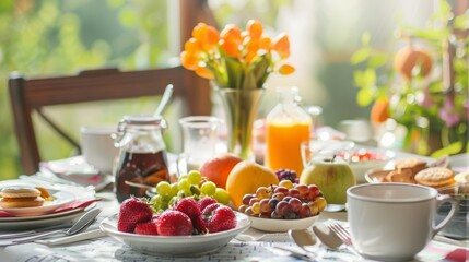 A vibrant breakfast spread featuring fruits, pastries, and fresh juice on a sunlit table surrounded by blooming flowers in spring