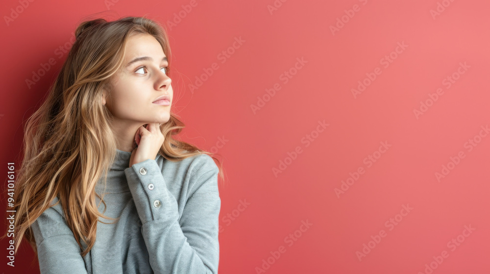 Wall mural a young woman looks thoughtfully to the side, standing against a vibrant red background, conveying c