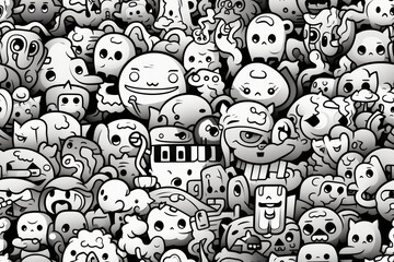 Black and white doodle pattern with cute monsters, aliens, and creatures.