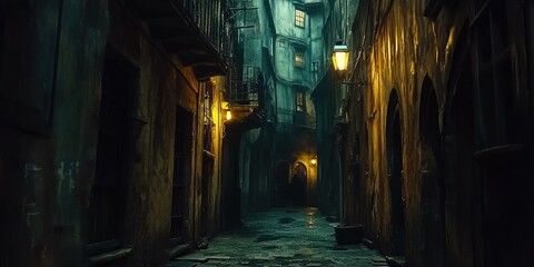Naklejka premium Dark alleyway with cobblestone street, lit by a lamp.