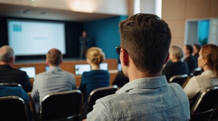 Speaker giving presentation in hall at university workshop in front of audience or conference hall. Rear view of participants with softly blurred presenter. Scientific conference event, training
