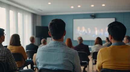 Speaker giving presentation in hall at university workshop in front of audience or conference hall. Rear view of participants with softly blurred presenter. Scientific conference event, training