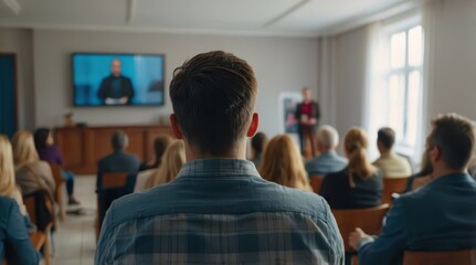 Speaker giving presentation in hall at university workshop in front of audience or conference hall. Rear view of participants with softly blurred presenter. Scientific conference event, training
