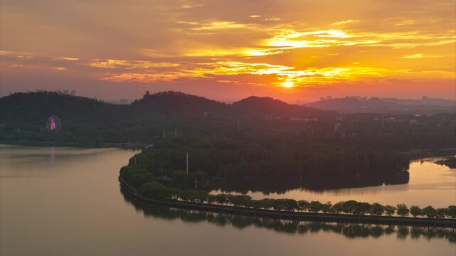 Summer sunrise scenery of Wuhan East Lake Scenic Area