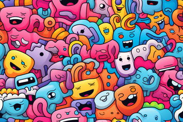 Colorful and playful doodle pattern with various cute cartoon characters.