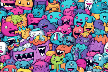 Obraz premium Colorful and playful pattern with various cartoon monsters and creatures.