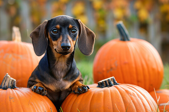 Cute Dachshund dog between large orange pumpkins