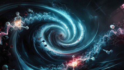 An abstract representation of science and technology featuring a swirling vortex of chemical reactions molecular structures and DNA strand