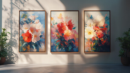 A continuous cohesive floral painting of seamlessly divided into 3 frames, hanging on a wall with equal distance and balance.