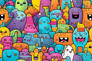 Colorful cartoon monsters with different shapes and expressions, seamless pattern background.