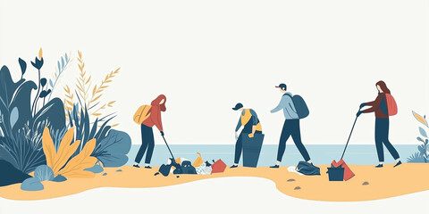 Volunteers collecting garbage on dirty beach near ocean cleaning up trash. Copy space, banner