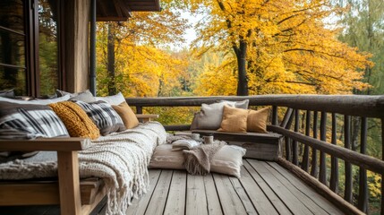 Balcony with pillows and blankets against backdrop of autumn leaves. Wooden terrace. Autumn retreat
