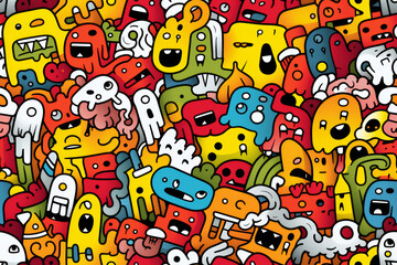 Colorful doodle pattern of whimsical monsters and characters.