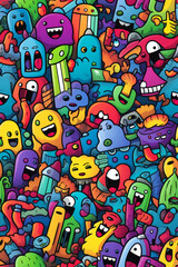 Colorful cartoon monsters with different shapes and expressions in a dense pattern.