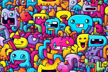 Obraz premium Colorful doodle pattern with cute cartoon monsters.
