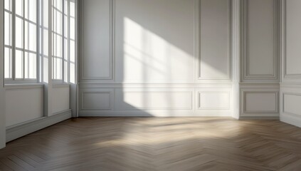 Obraz premium Pièce vide avec parquet et mur blanc avec boiserie, fenêtre et lumière traversante, concept pour projet de décoration d'intérieur ou arrière-plan incarnant la simplicité et l'élégance.