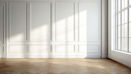 Pièce vide avec parquet et mur blanc avec boiserie, fenêtre et lumière traversante, concept pour projet de décoration d'intérieur ou arrière-plan incarnant la simplicité et l'élégance.