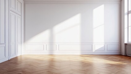 Obraz premium Pièce vide avec parquet et mur blanc avec boiserie, fenêtre et lumière traversante, concept pour projet de décoration d'intérieur ou arrière-plan incarnant la simplicité et l'élégance.