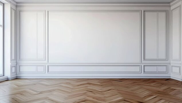Une pi&egrave;ce vide avec des murs blancs avec boiserie et un parquet flottant, concept de design d'int&eacute;rieur.
