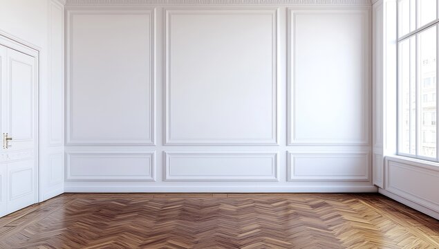 Pièce vide avec parquet et mur blanc avec boiserie, fenêtre et lumière traversante, concept pour projet de décoration d'intérieur ou arrière-plan incarnant la simplicité et l'élégance.