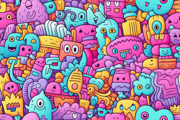 Colorful doodle pattern with funny characters.