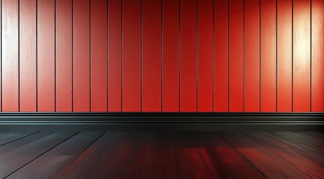 Pi&egrave;ce vide avec mur rouge en lambris en bois et sol en parquet fonc&eacute;, concept d'am&eacute;nagement int&eacute;rieur d'une maison d'habitation ou d'un appartement.
