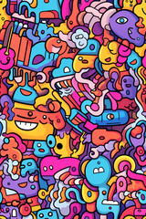 Colorful doodle pattern with various abstract shapes, eyes, and faces.