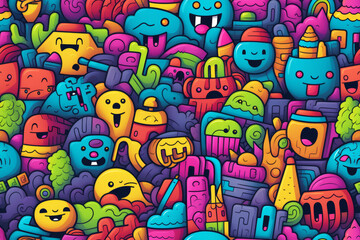 Obraz premium Colorful doodle pattern with various cute cartoon characters and shapes.