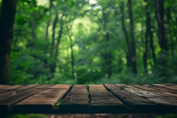 Peaceful wooden platform in a lush green forest setting.