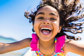 Joyful Latino American girl laughing outdoors