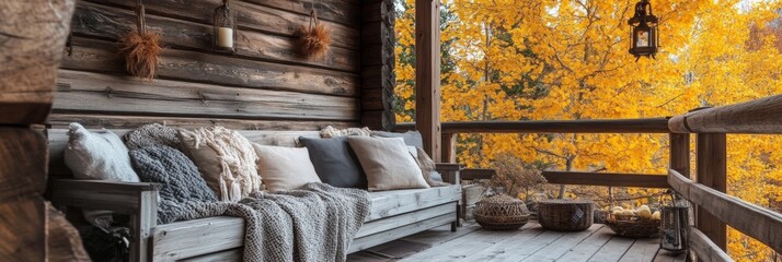 Balcony with pillows and blankets against backdrop of autumn leaves. Wooden terrace. Autumn retreat