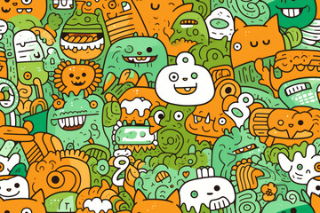 Colorful seamless pattern with cute cartoon monsters, animals, and doodles in green and orange colors.