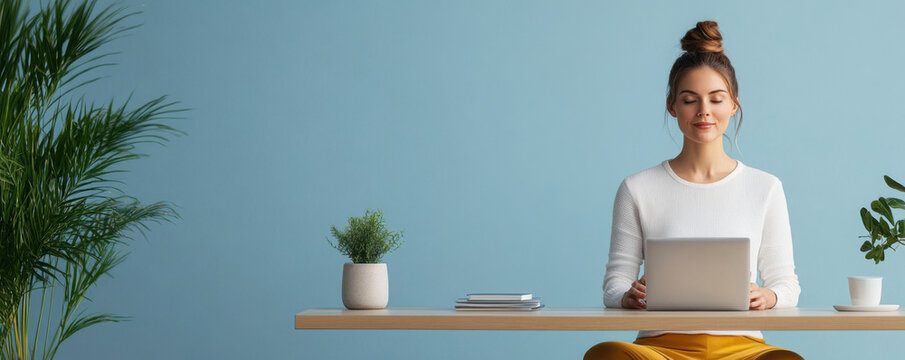 Young woman sitting cross-legged with a laptop on a minimalistic desk, surrounded by plants, embodying calm and focus in her home office.