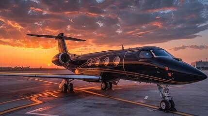 A premium black and gold luxury private jet for VIP travel parked at the airport during sunset. An opulent mode of transport for the rich and wealthy, reflecting the lifestyle of millionaires